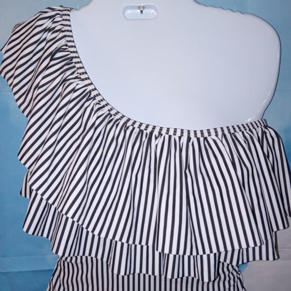 Women’s 2-piece One-shoulder Doubled Ruffled Black & White pinstripe bikini NEW - Picture 6 of 7
